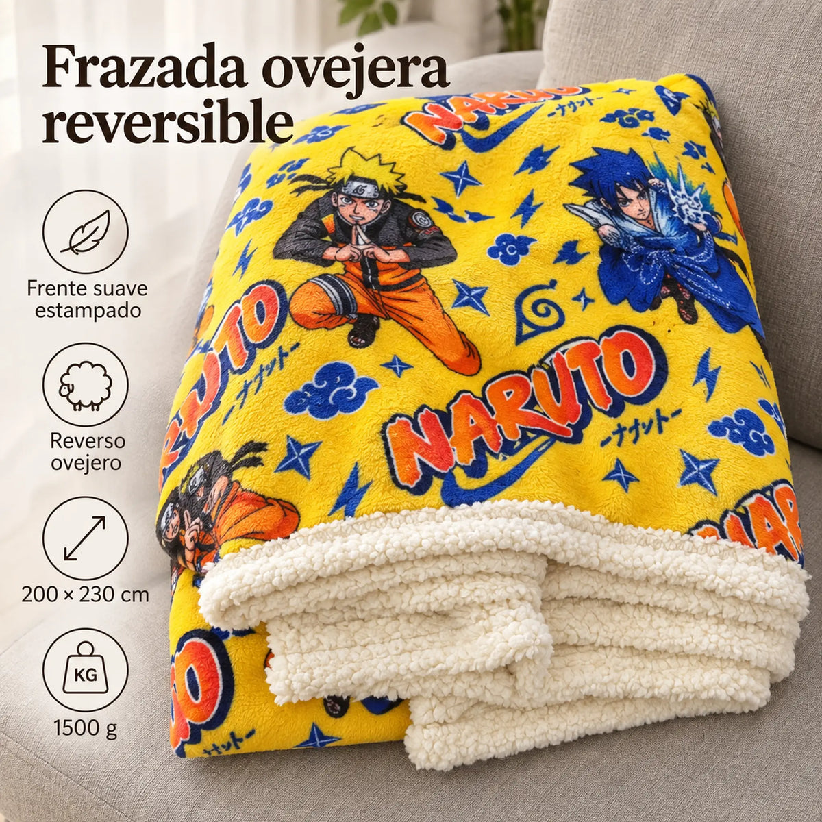 Frazada reversible piel de oveja, diseño Naruto, resumen de características