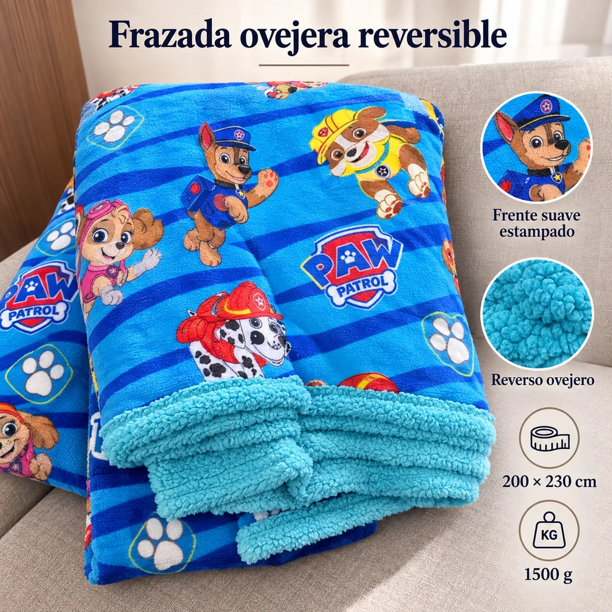 Frazada reversible piel de oveja, diseño Paw Patrol, resumen de características