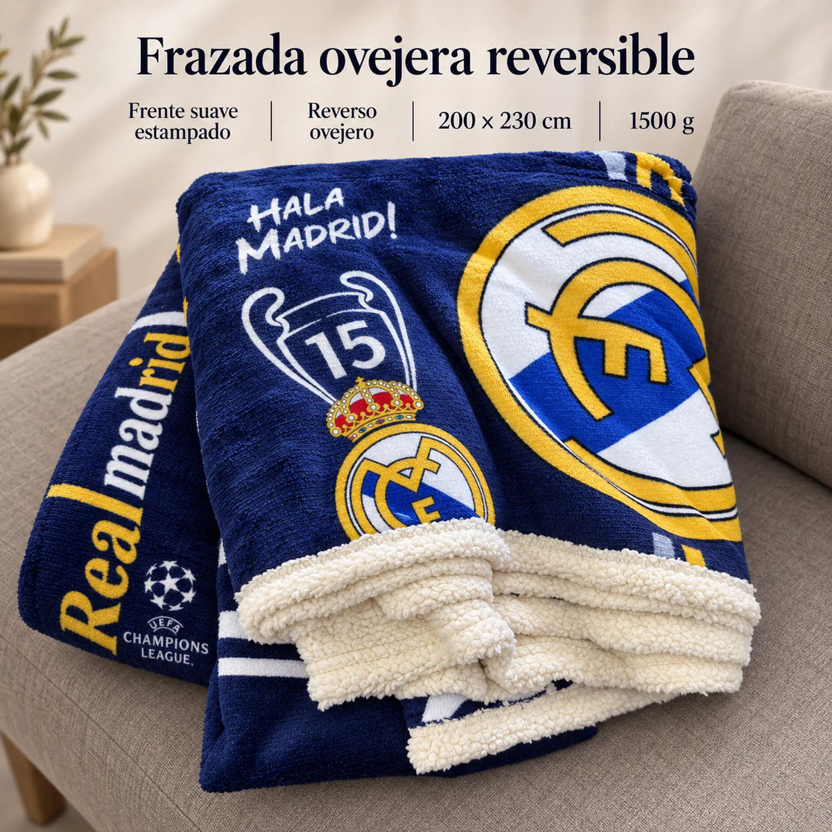 Frazada reversible piel de oveja, diseño Real Madrid, resumen de características
