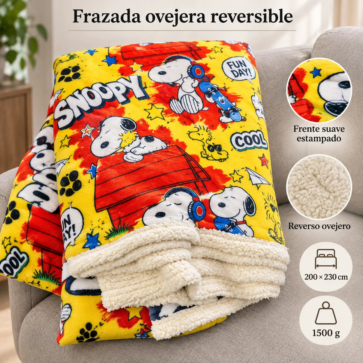 Frazada reversible piel de oveja, diseño Snoopy, resumen de características