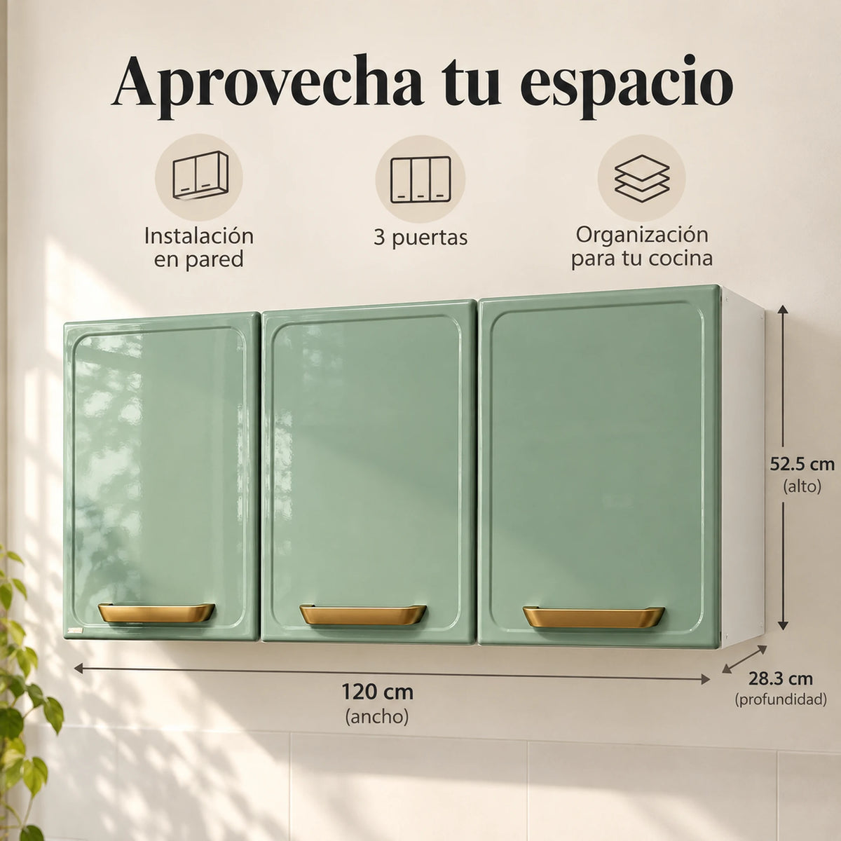 Gabinete aéreo Bertolini de 3 puertas instalado en la pared, 120 x 52.5 x 28.3 cm
