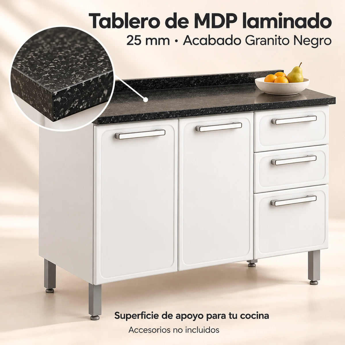 Gabinete de cocina de acero 120 cm – tablero de MDP laminado de 25 mm, acabado granito negro