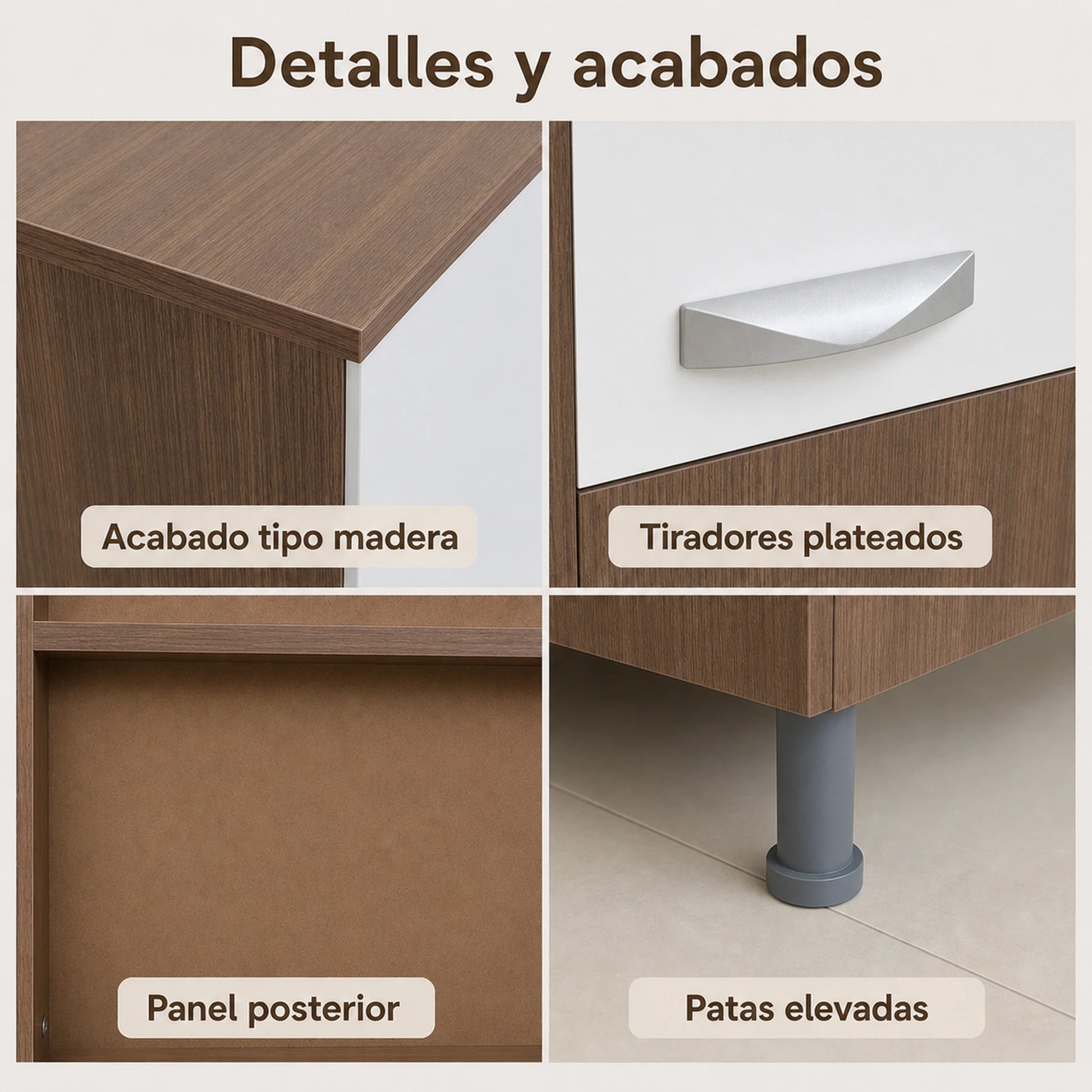 Gabinete de cocina en Chocolate y Blanco, detalles de acabados