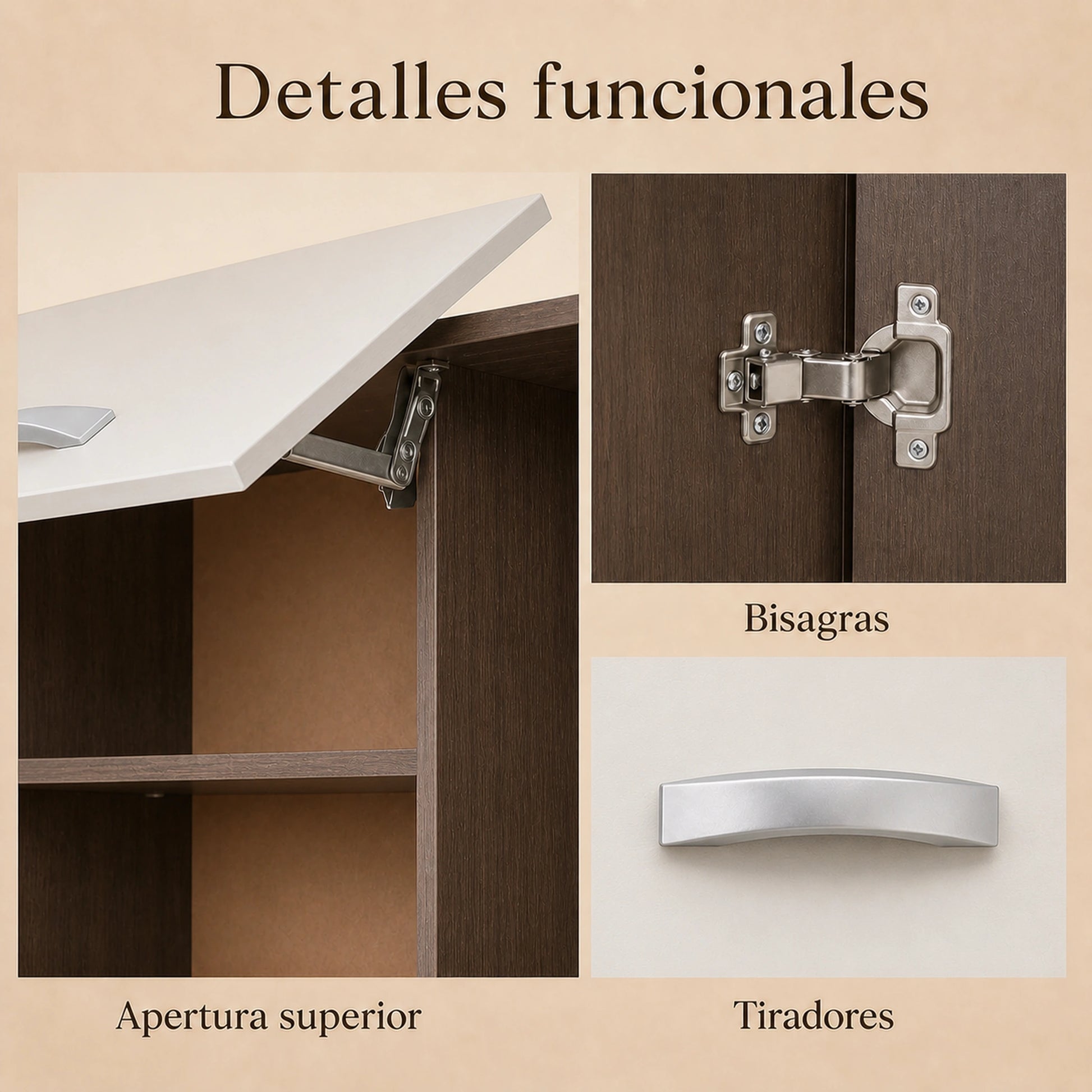 Detalles funcionales del gabinete de cocina grande en Chocolate y Blanco