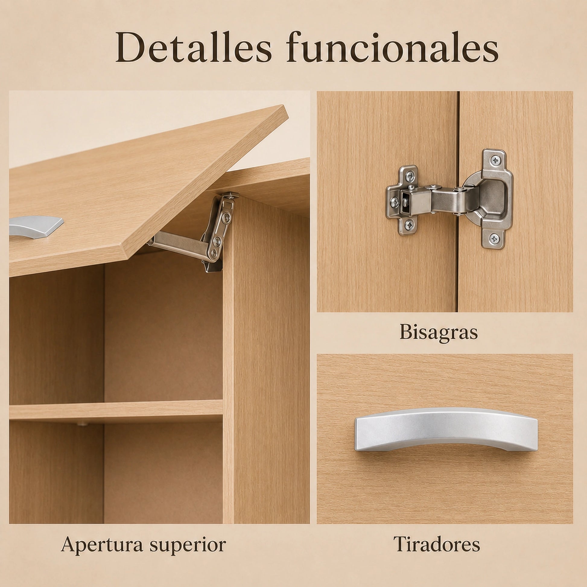 Detalles funcionales del gabinete de cocina grande en Madera Beige