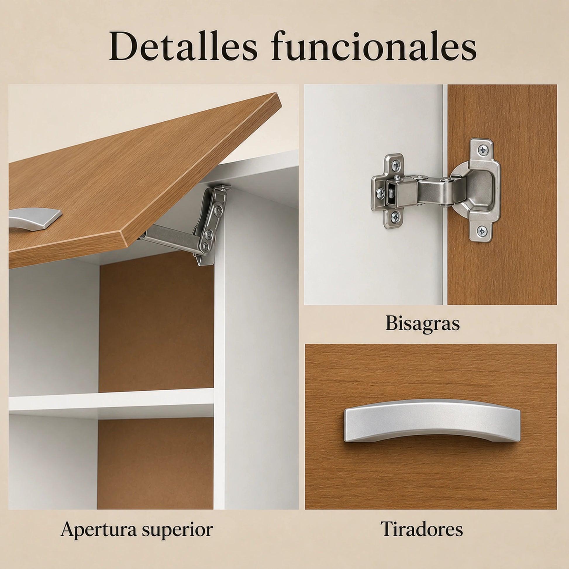 Detalles funcionales del gabinete de cocina grande en Blanco y Madera