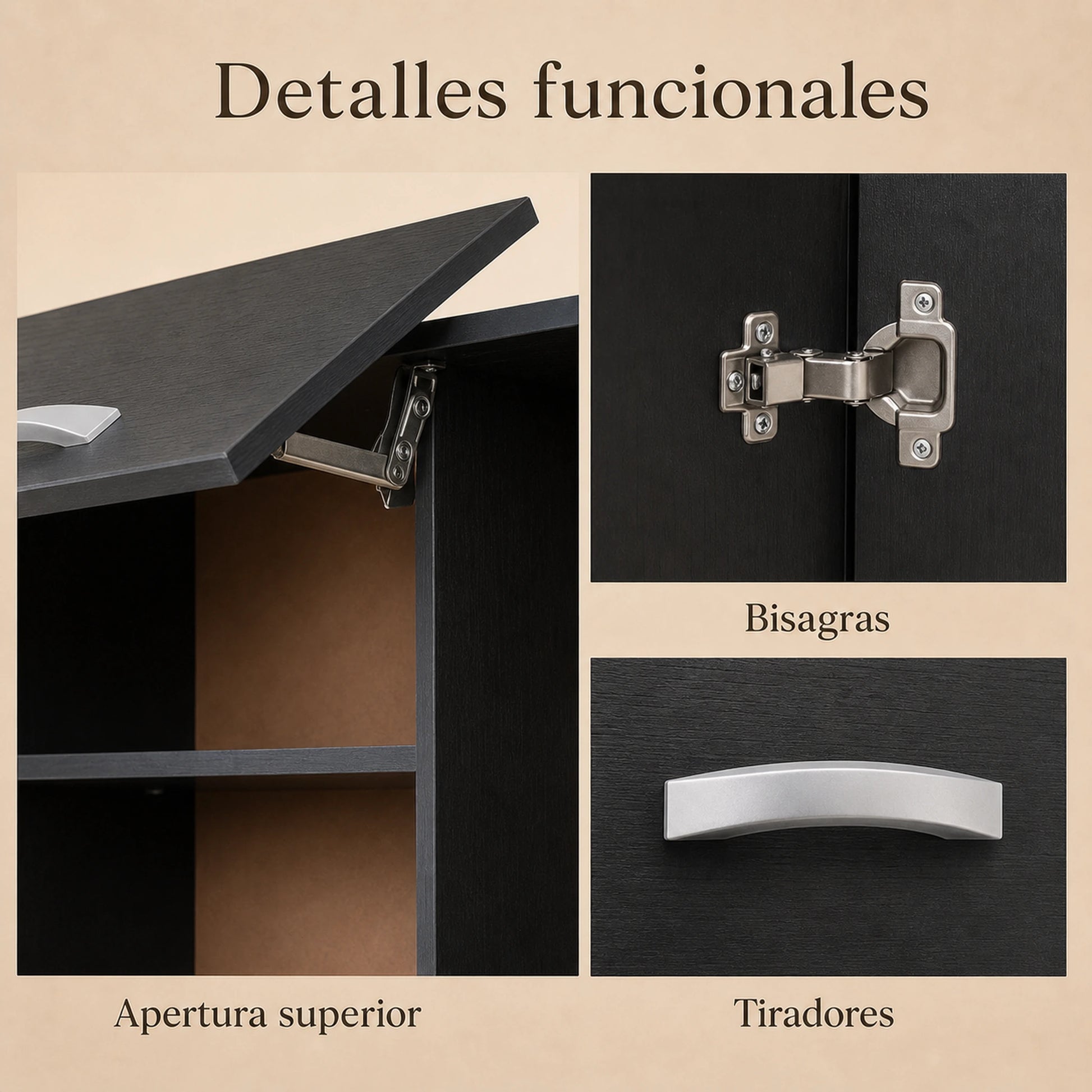 Detalles funcionales del gabinete de cocina grande en negro