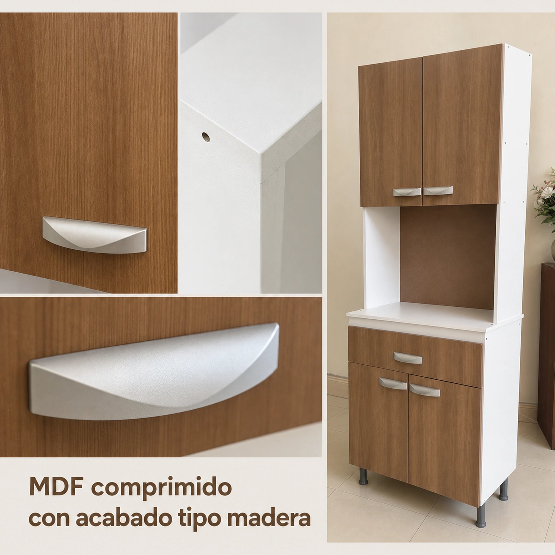 Detalle del MDF comprimido con acabado tipo madera del gabinete de cocina
