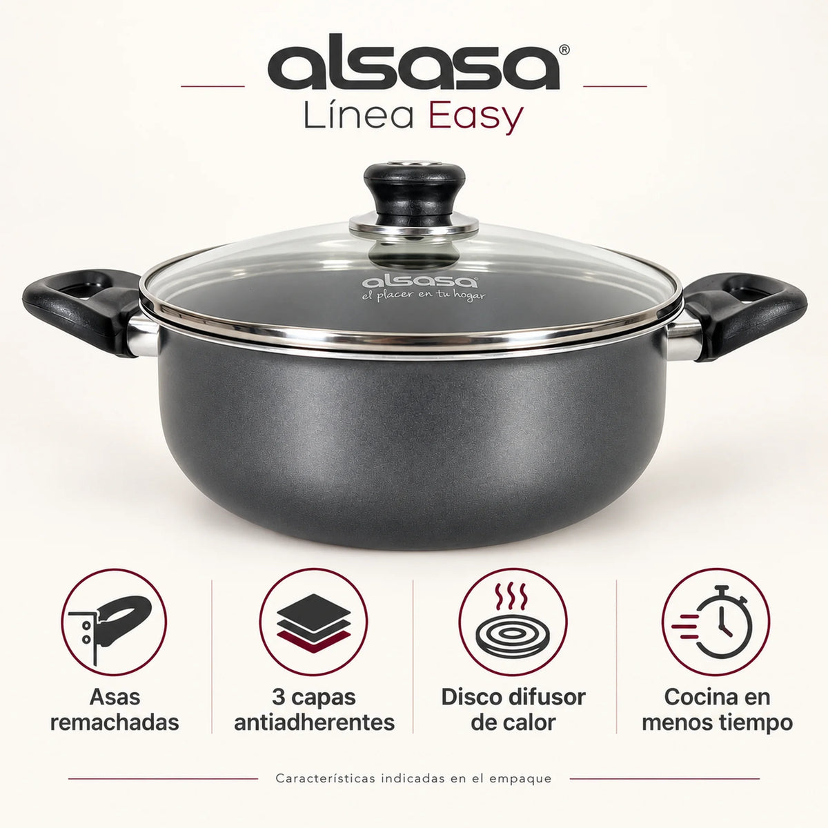 Características de las ollas Alsasa: asas remachadas, 3 capas antiadherentes y disco difusor