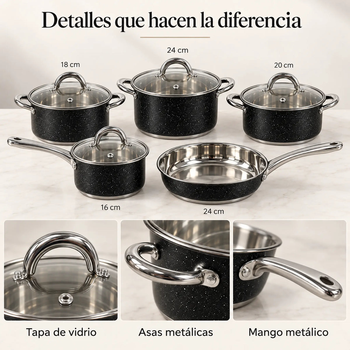 Tapas de vidrio, asas y mango de la batería de cocina Epicure Granite