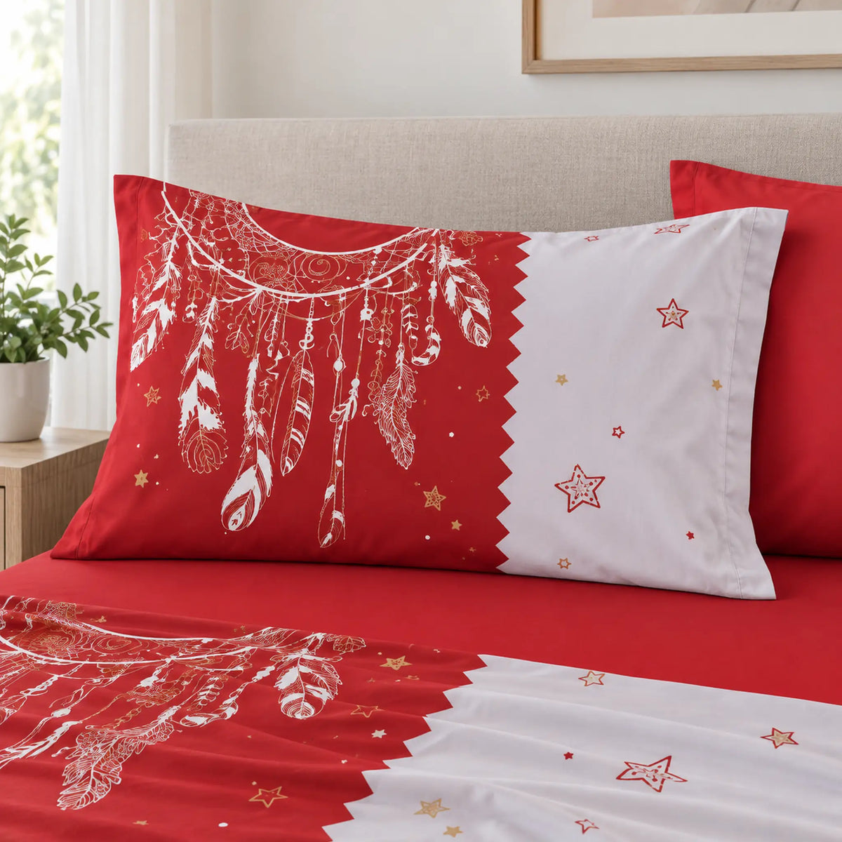 Juego de sábanas 4 piezas estampado rojo con atrapasueños y estrellas – detalle de las fundas