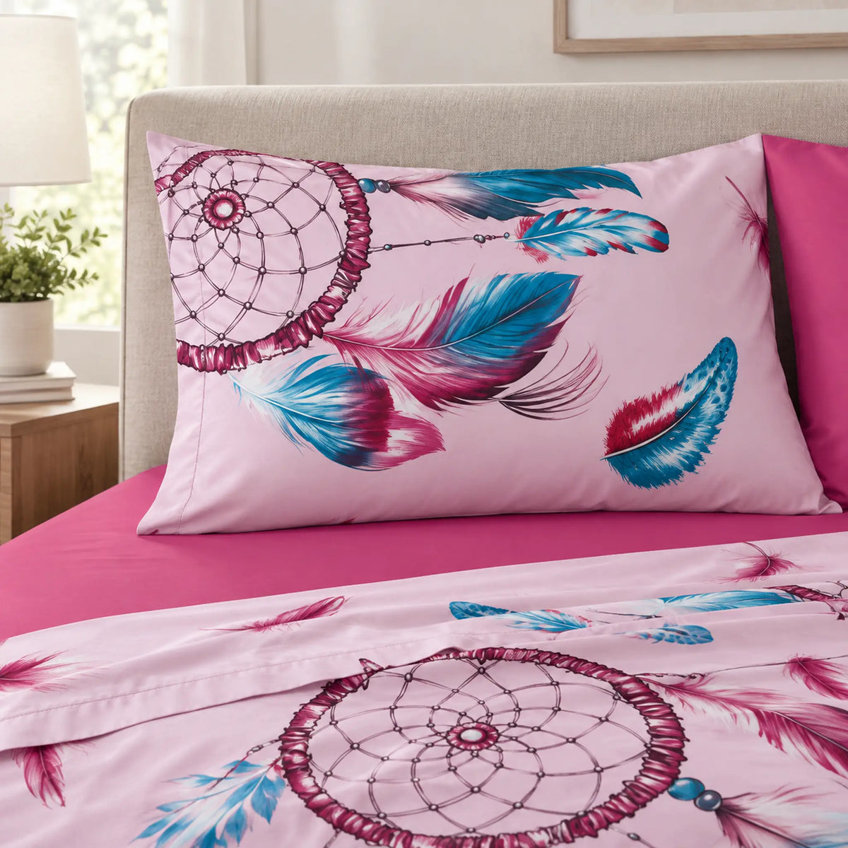 Juego de sábanas 4 piezas estampado con atrapasueños rosa – detalle de las fundas