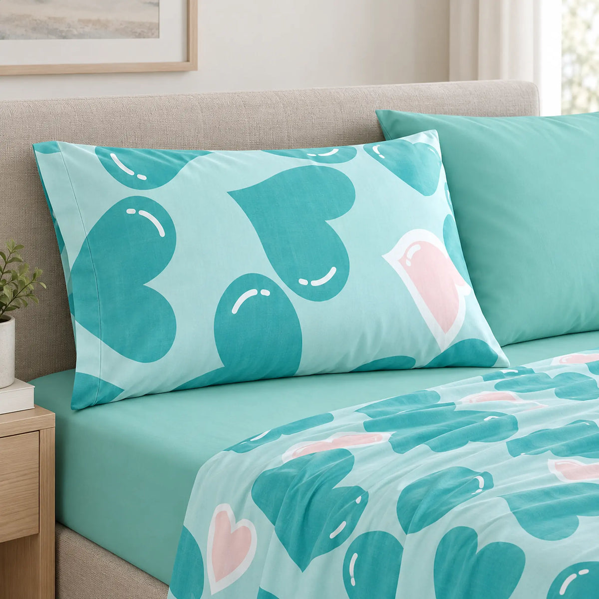 Juego de sábanas 4 piezas estampado verde menta con corazones – detalle de las fundas