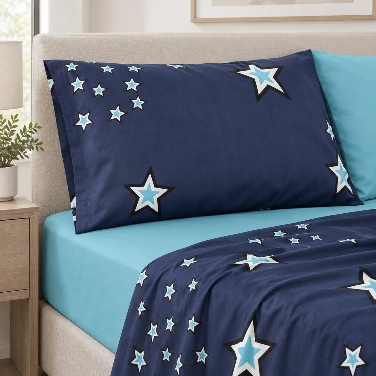 Juego de sábanas 4 piezas estampado azul marino con estrellas – detalle de las fundas