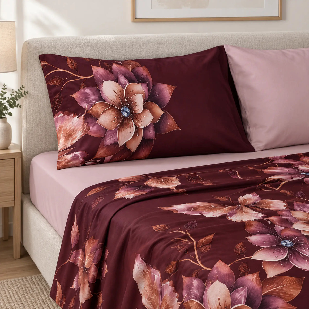 Juego de sábanas 4 piezas estampado color vino con flores – detalle de las fundas