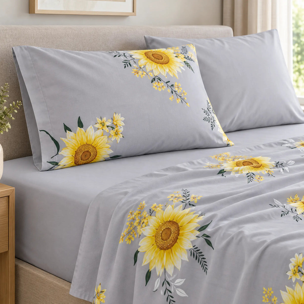 Juego de sábanas 4 piezas estampado gris con girasoles – detalle de las fundas