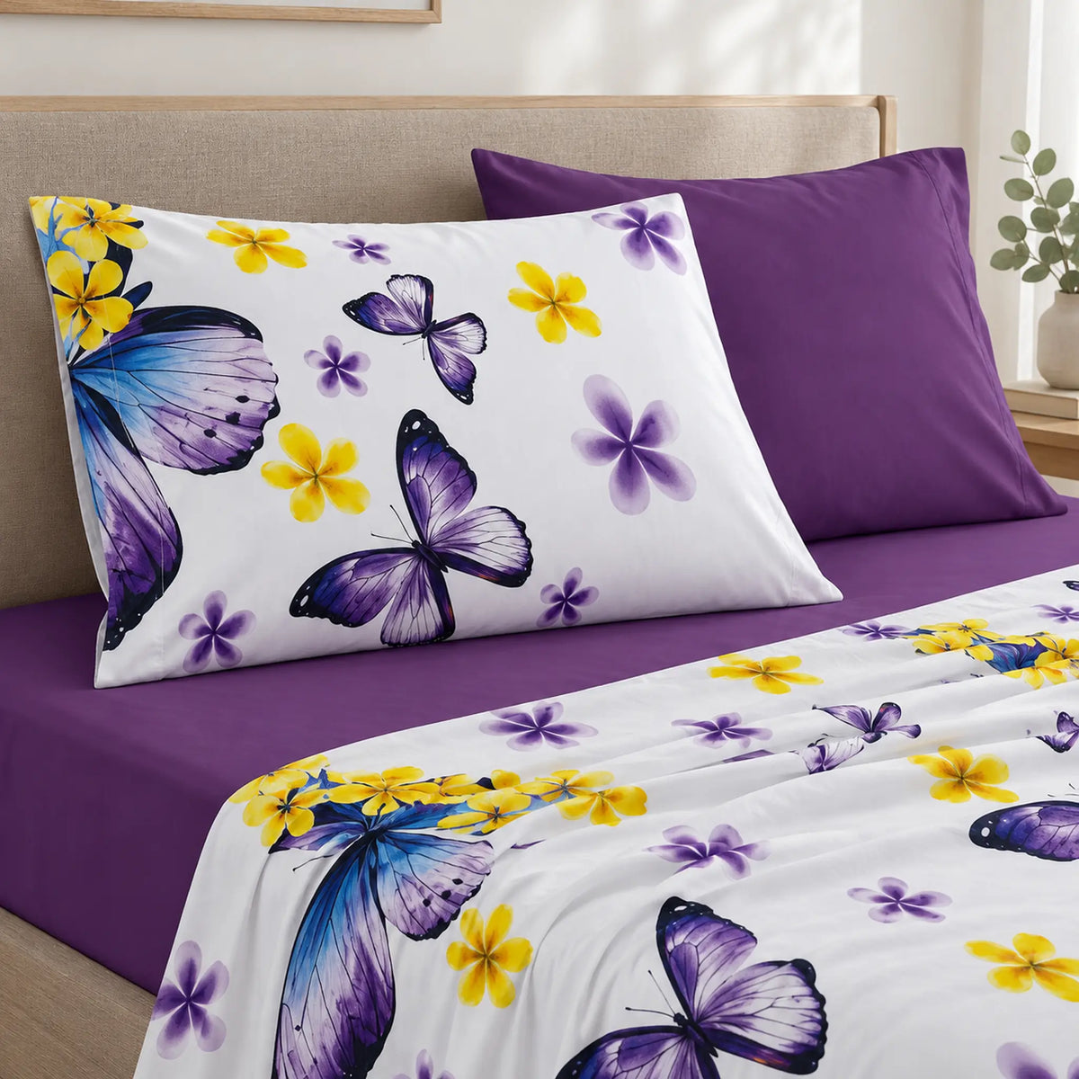 Juego de sábanas 4 piezas estampado morado con mariposas – detalle de las fundas