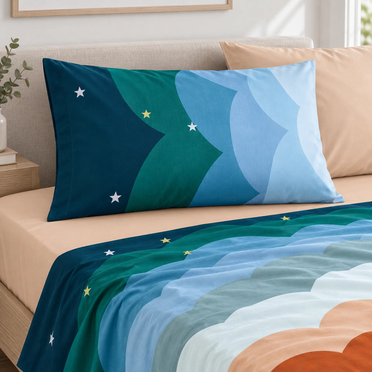 Juego de sábanas 4 piezas estampado con arcoíris de colores – detalle de las fundas