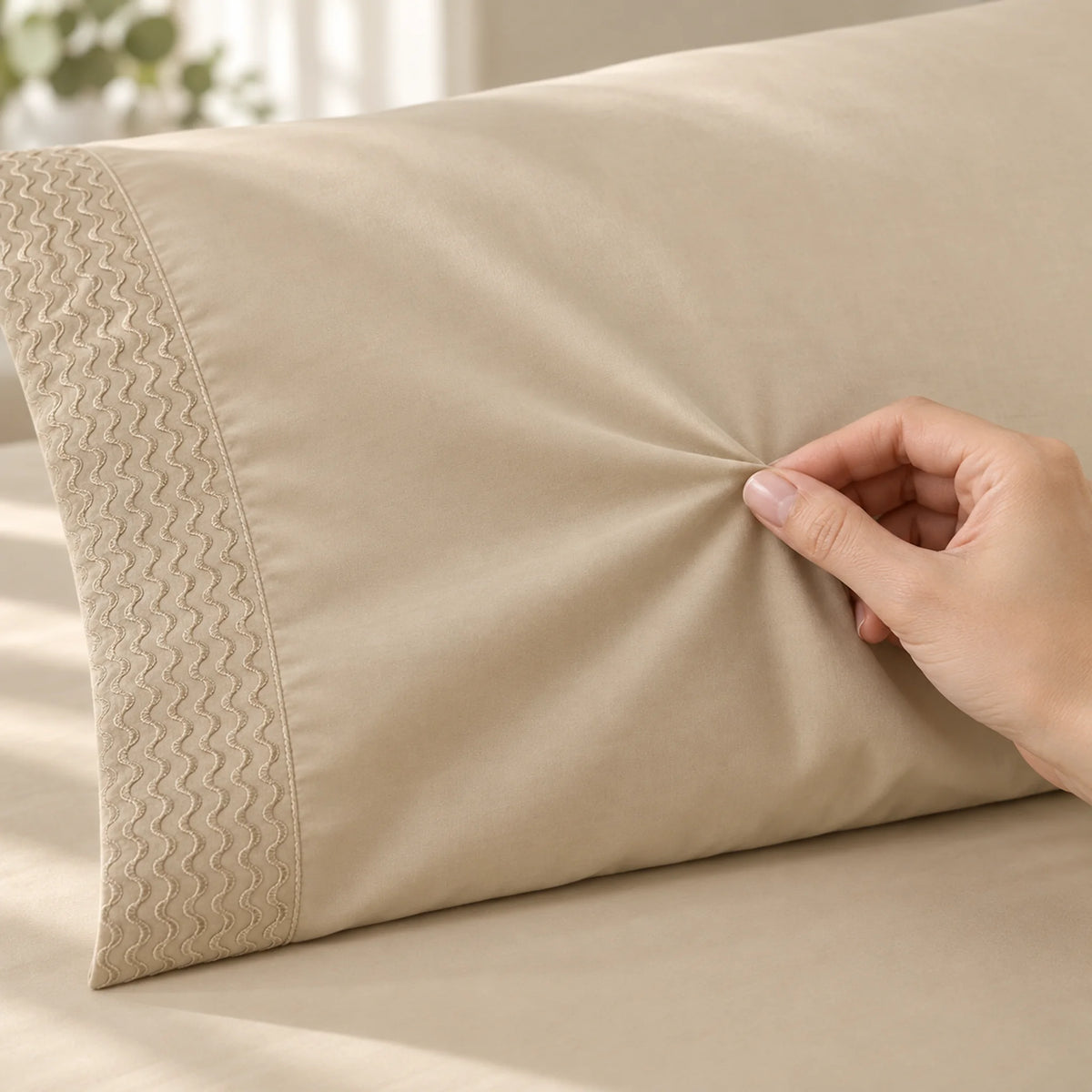 Forro ajustable liso con 2 sobrefundas bordadas, color Beige – textura de la tela