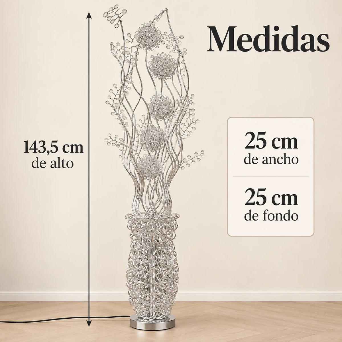 Lámpara de piso LED floral, diseño Espiral Floral Plateada – medidas: 143.5 cm de alto, 25 x 25 cm