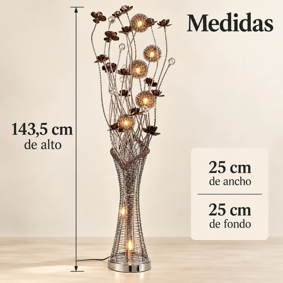 Lámpara de piso LED floral, diseño Floral Bronce – medidas: 143.5 cm de alto, 25 x 25 cm