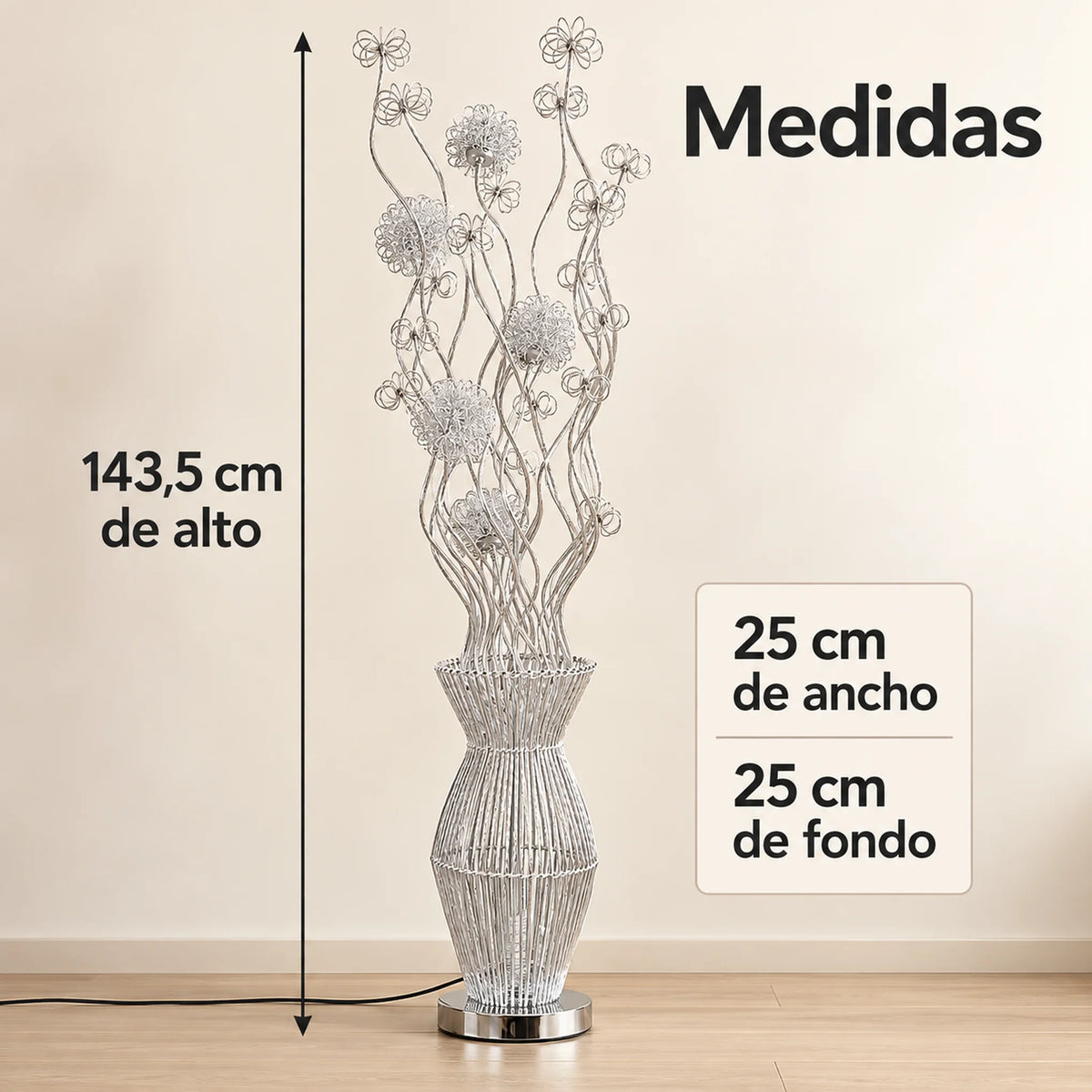 Lámpara de piso LED floral, diseño Floral Rizada Plateada – medidas: 143.5 cm de alto, 25 x 25 cm