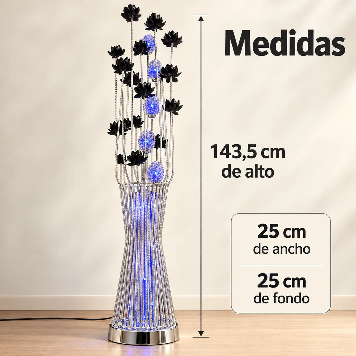 Lámpara de piso LED floral, diseño Lotos Negros Plateada – medidas: 143.5 cm de alto, 25 x 25 cm