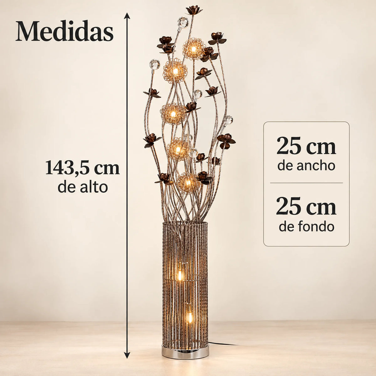 Lámpara de piso LED floral, diseño Rosas Bronce Cilíndrica – medidas: 143.5 cm de alto, 25 x 25 cm