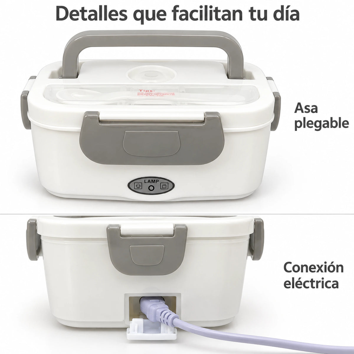 Detalles de la lonchera eléctrica LOTUS gris: asa plegable y conexión eléctrica