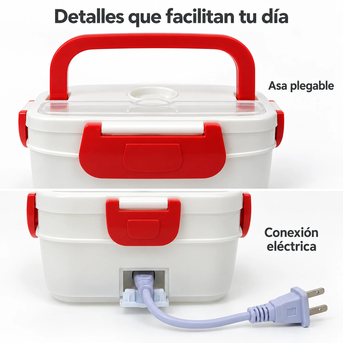 Detalles de la lonchera eléctrica LOTUS roja: asa plegable y conexión eléctrica