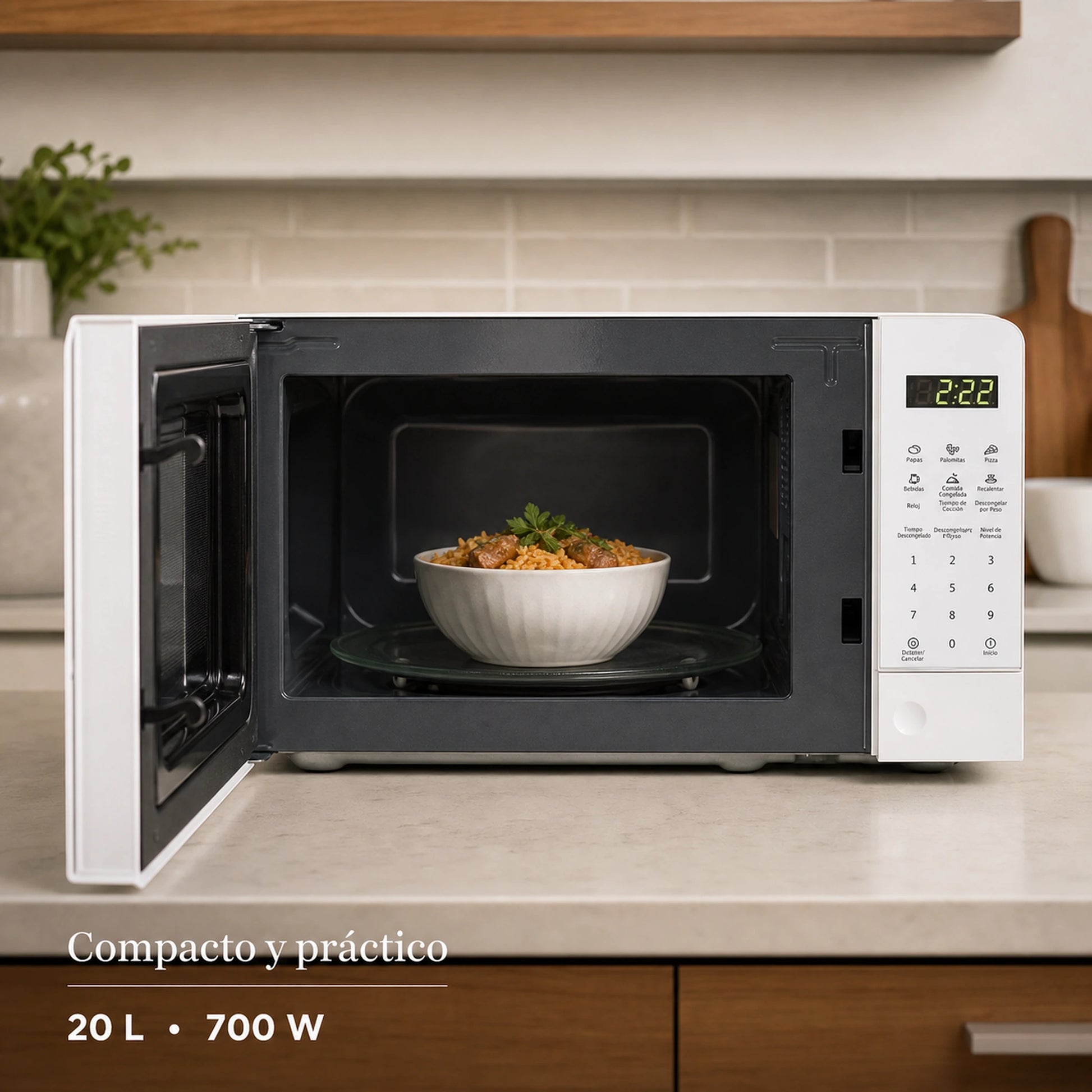 Microondas Oster OGGE3701 en uso, con 20 litros de capacidad y 700W de potencia