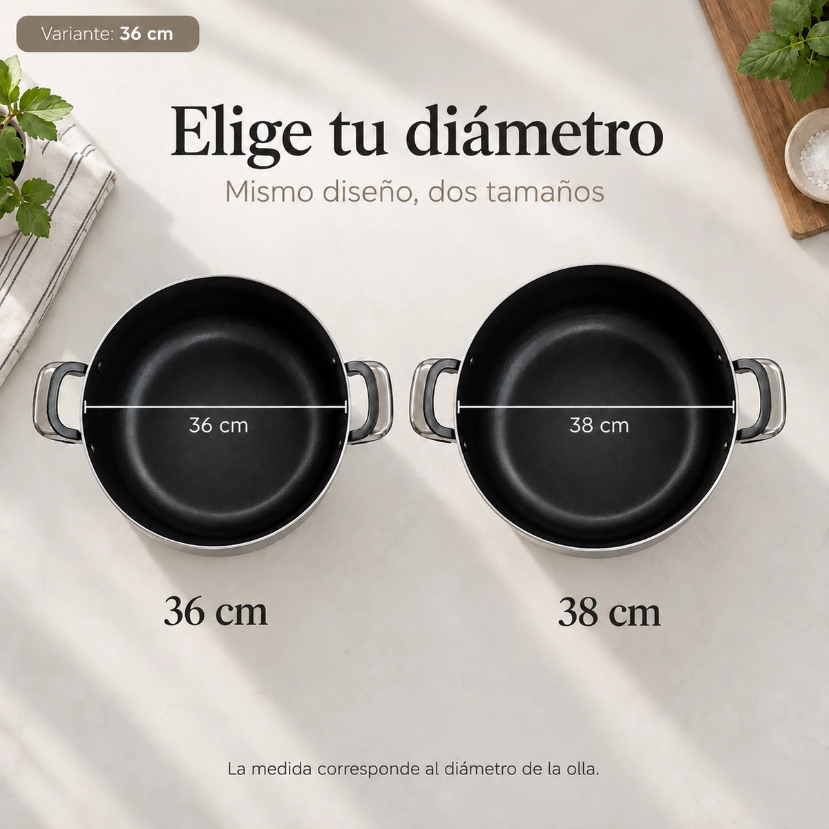 Comparación de diámetro de la olla antiadherente Lotus de 36 cm frente a otros tamaños
