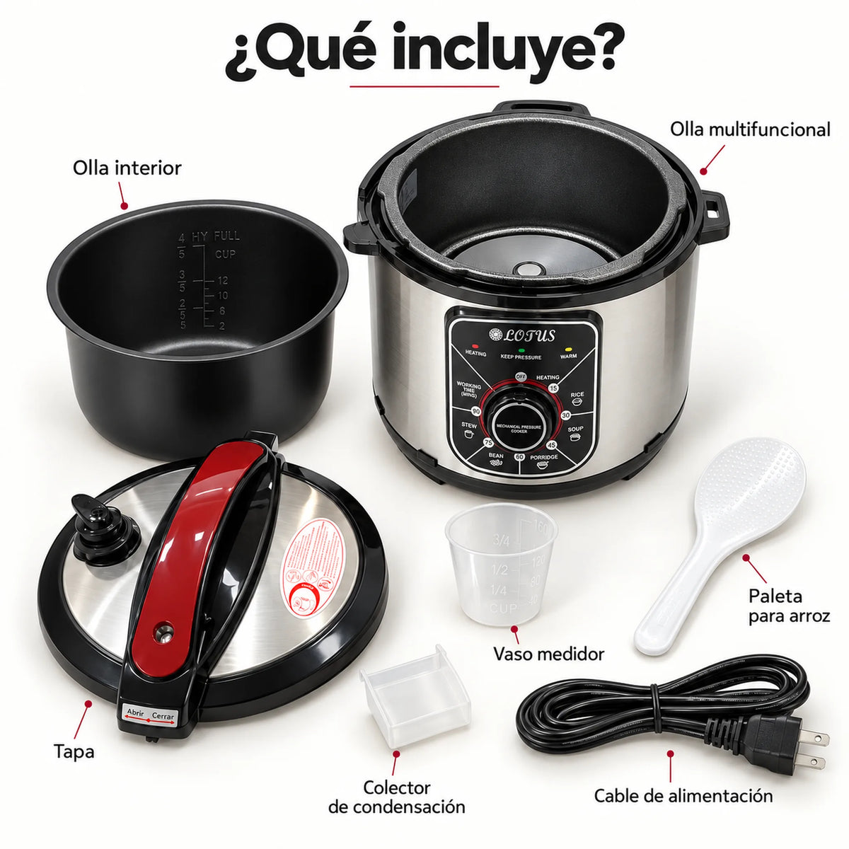 Olla de presión eléctrica multifuncional 6 en 1 de 6 litros – qué incluye: olla interior, tapa, vaso medidor, paleta y cable