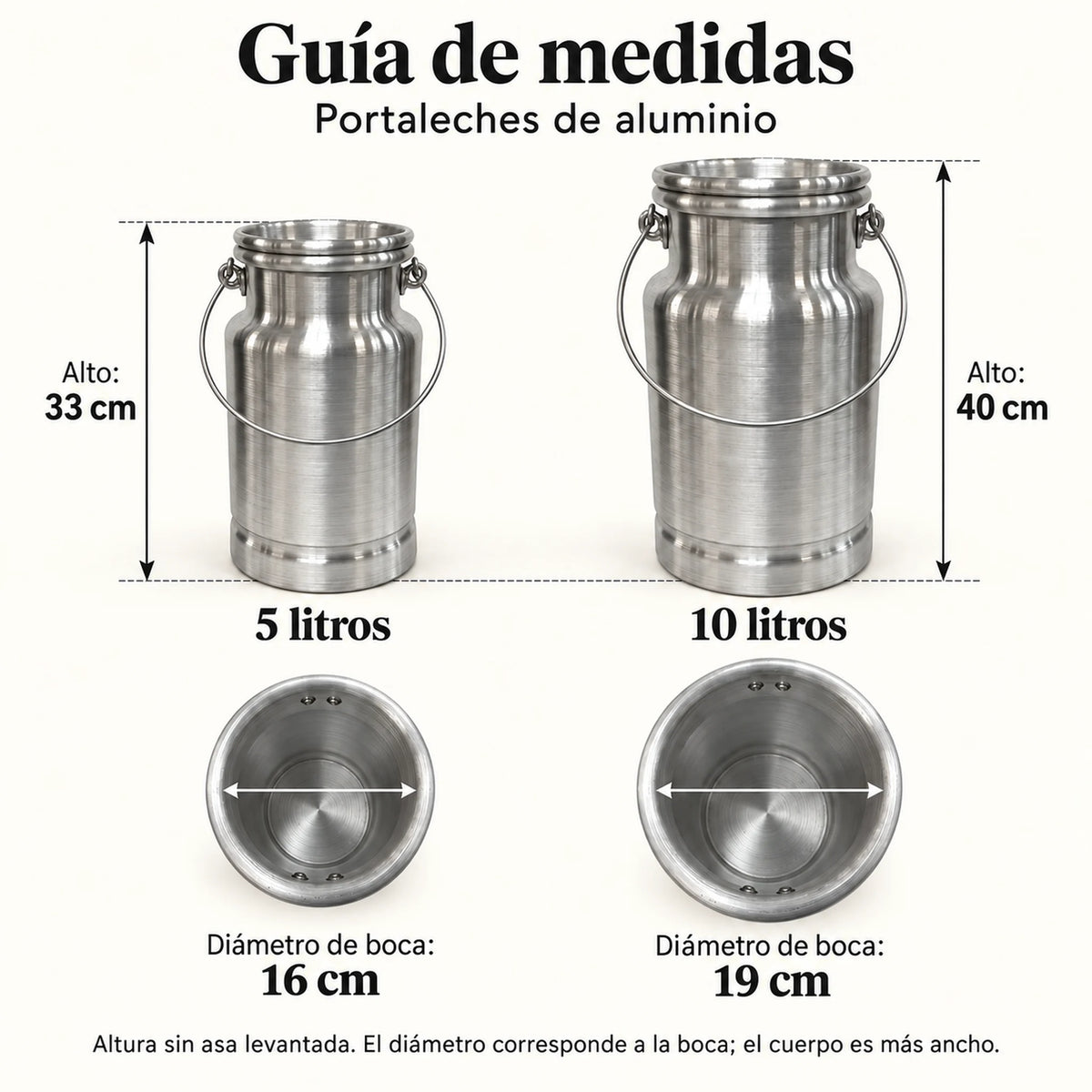 Guía comparativa de tamaños del lechero de aluminio Alinter