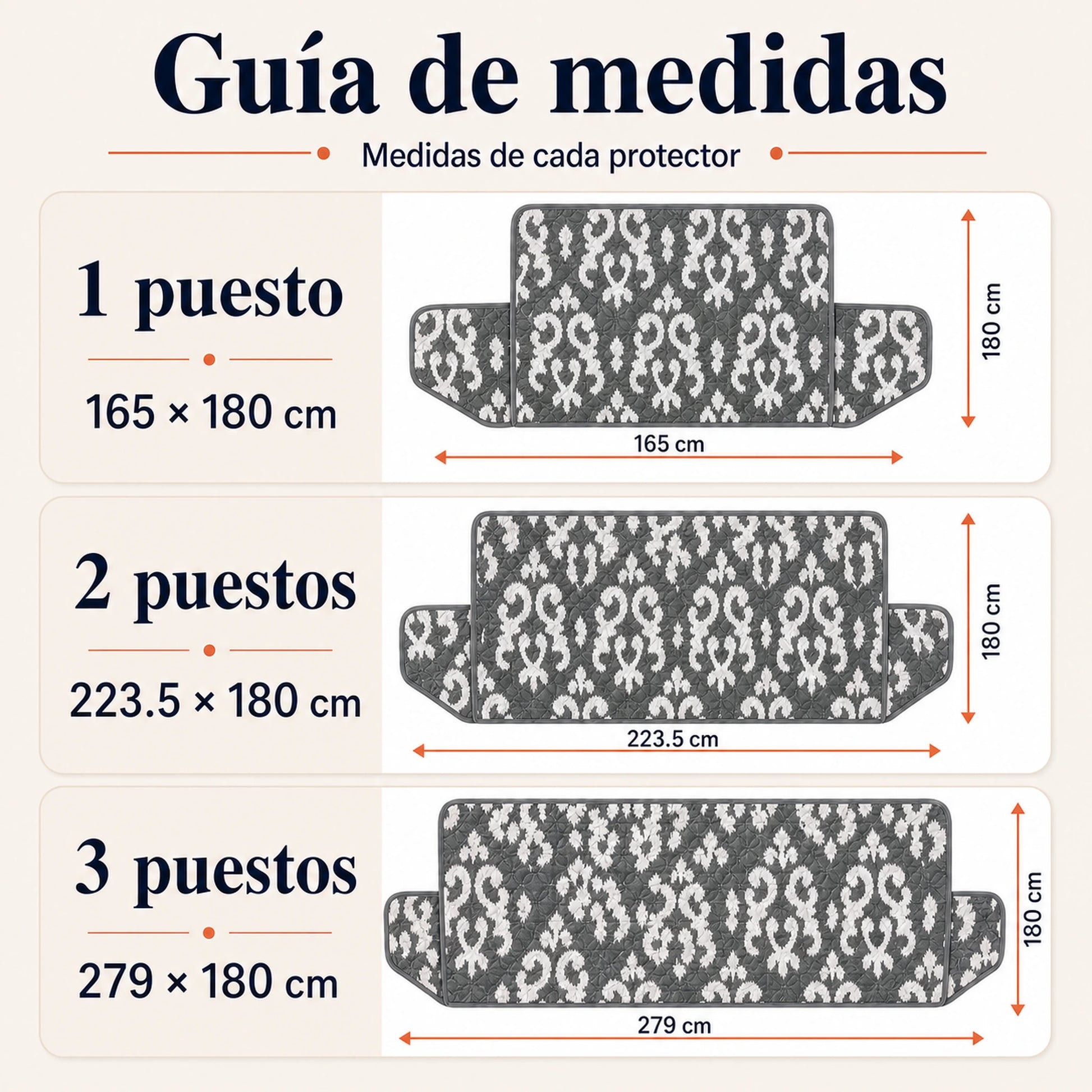 Guía de medidas del set de protectores de sofá Scarlett Classics Cádiz para 1, 2 y 3 puestos
