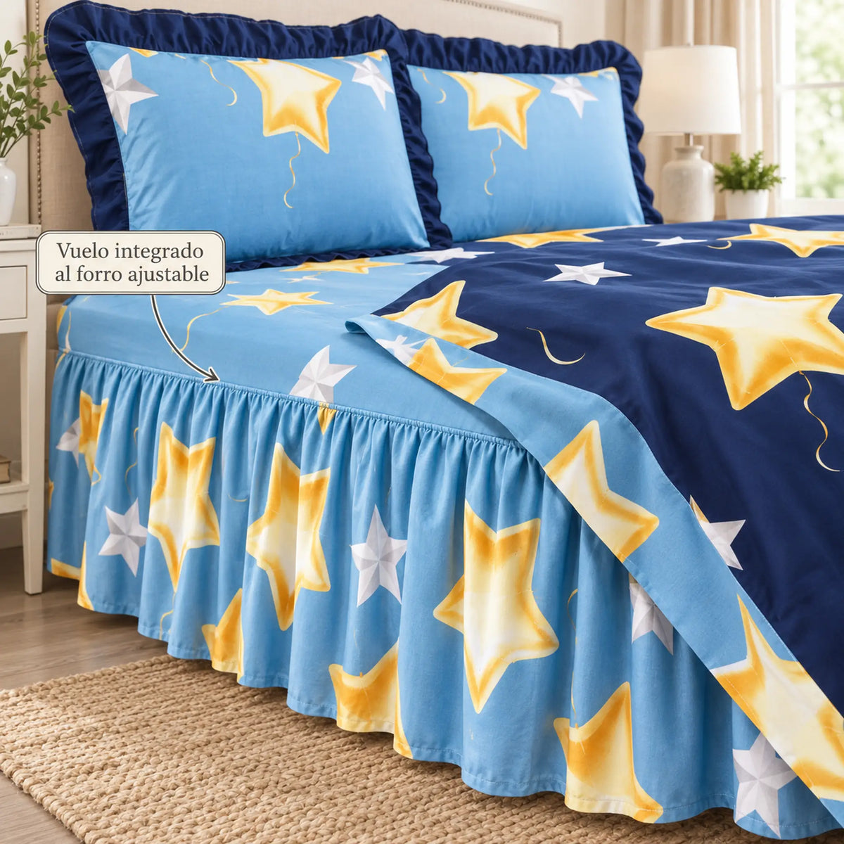 Juego de sábanas con vuelo 4 piezas, diseño Estrellas Doradas Azul – forro ajustable con vuelo integrado