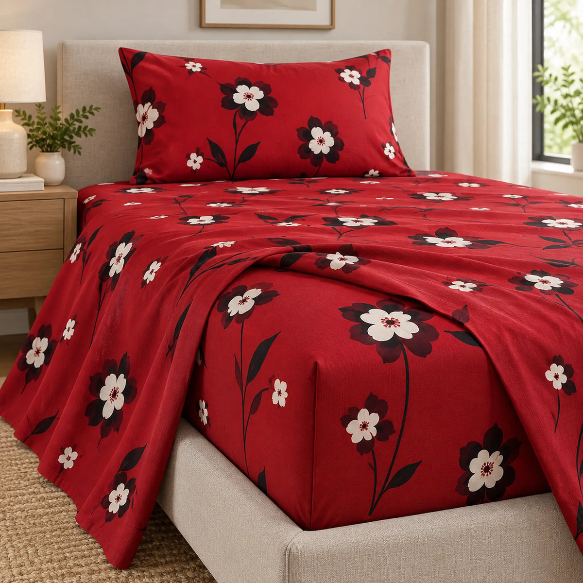 Juego de sábanas semimatrimonial 1.20 m, diseño Flores Blancas Fondo Rojo – sábana ajustable en el colchón