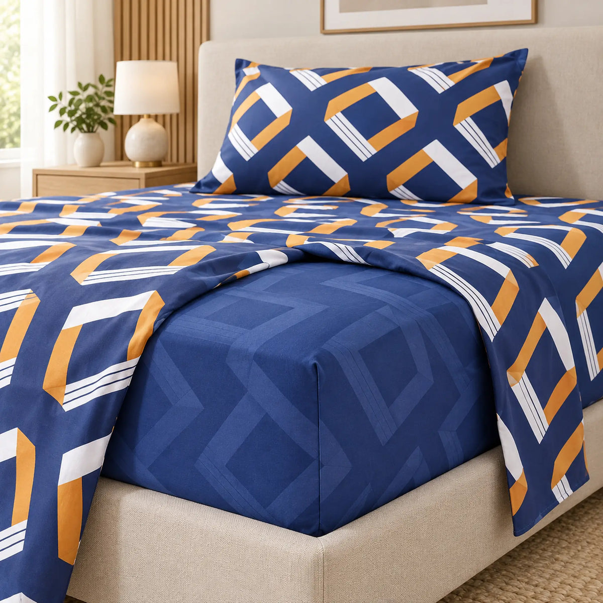 Juego de sábanas semimatrimonial 1.20 m, diseño Geométrico Azul y Mostaza – sábana ajustable en el colchón