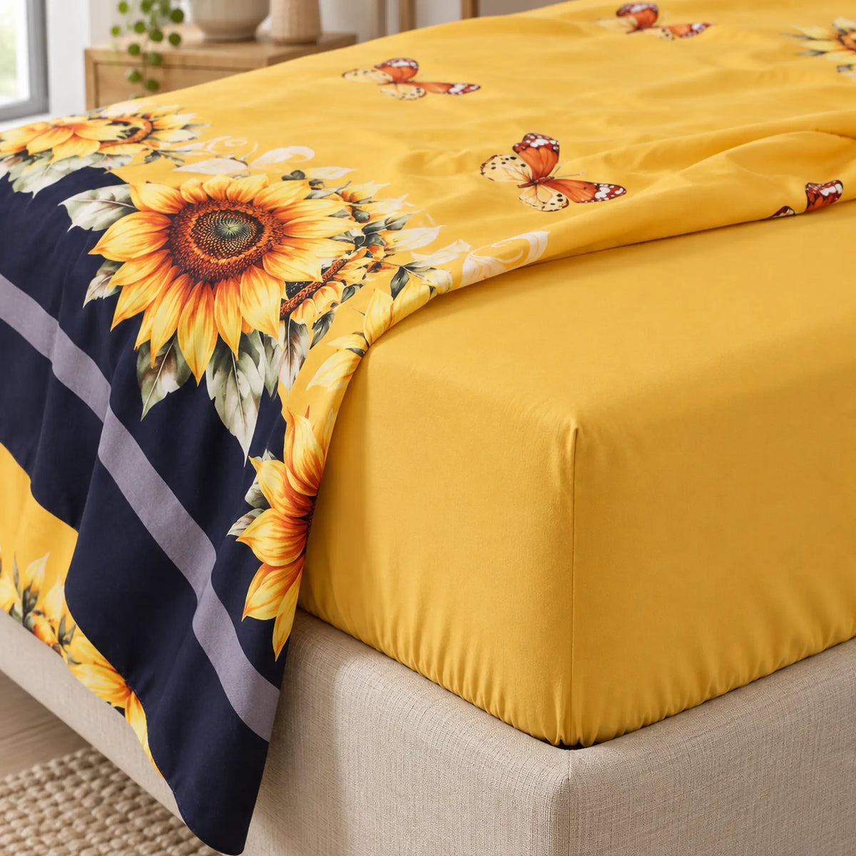 Juego de sábanas semimatrimonial 1.20 m, diseño Girasoles y Mariposas Amarillas – sábana ajustable en el colchón