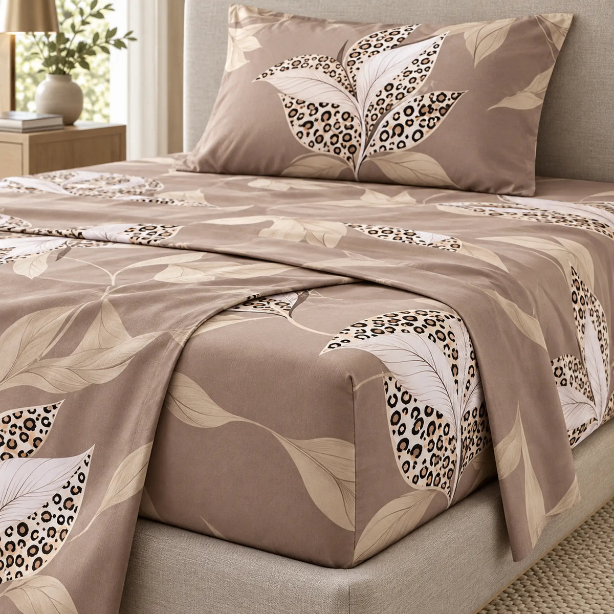 Juego de sábanas semimatrimonial 1.20 m, diseño Lazos Beige Leopardo – sábana ajustable en el colchón