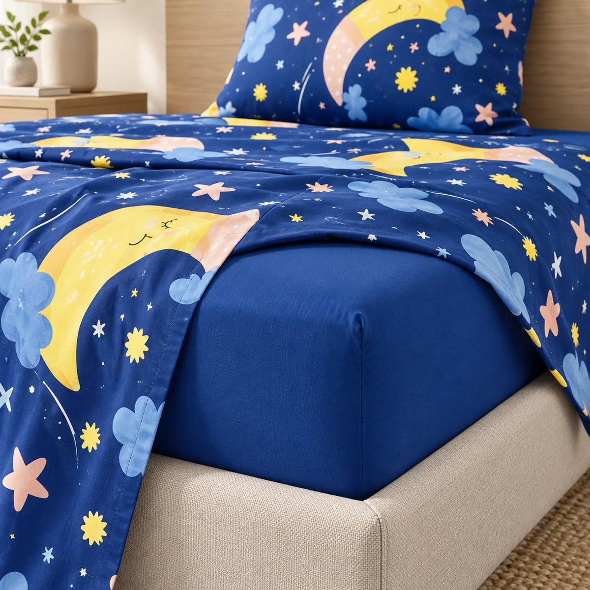 Juego de sábanas semimatrimonial 1.20 m, diseño Lunas y Estrellas Azul Marino – sábana ajustable en el colchón