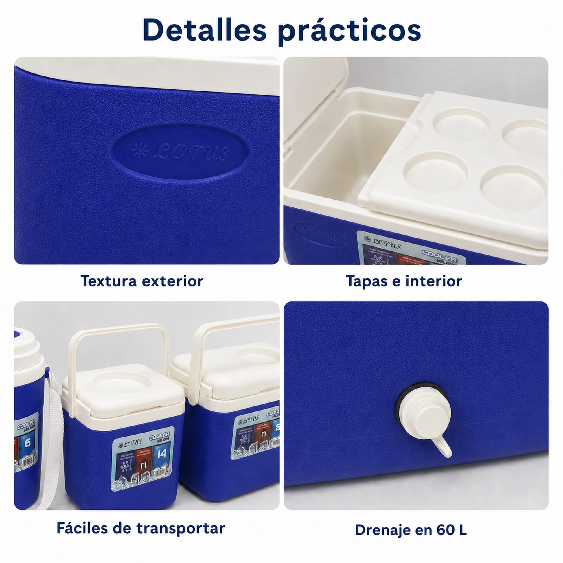 Detalle de textura, tapas y asas del set de hieleras Lotus en azul