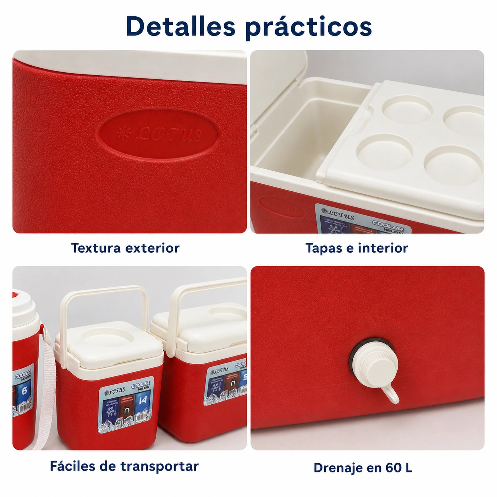 Detalle de textura, tapas y asas del set de hieleras Lotus en rojo