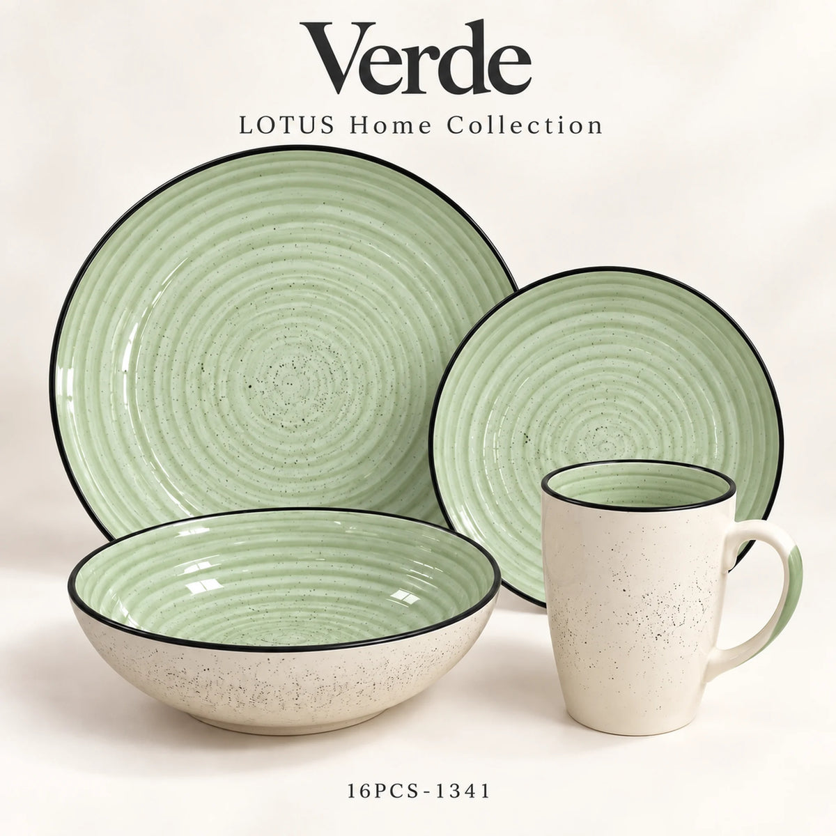 Vajilla Lotus color Verde Salvia, juego de 16 piezas de cerámica de gres