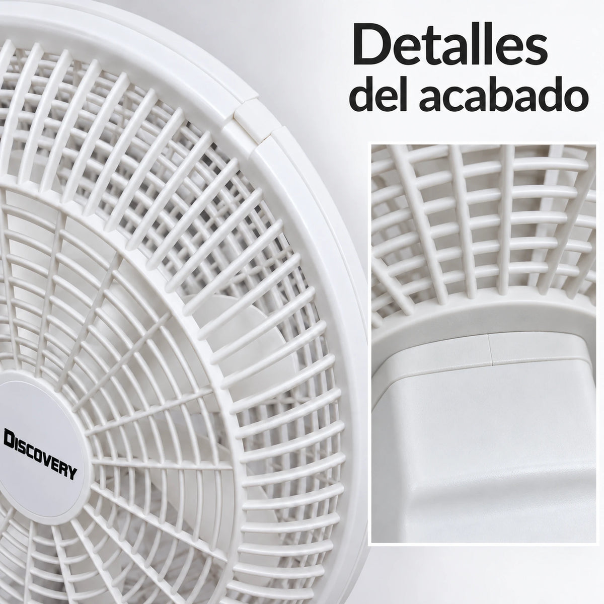 Ventilador de pedestal blanco de 18 pulgadas – detalle de acabado y uniones