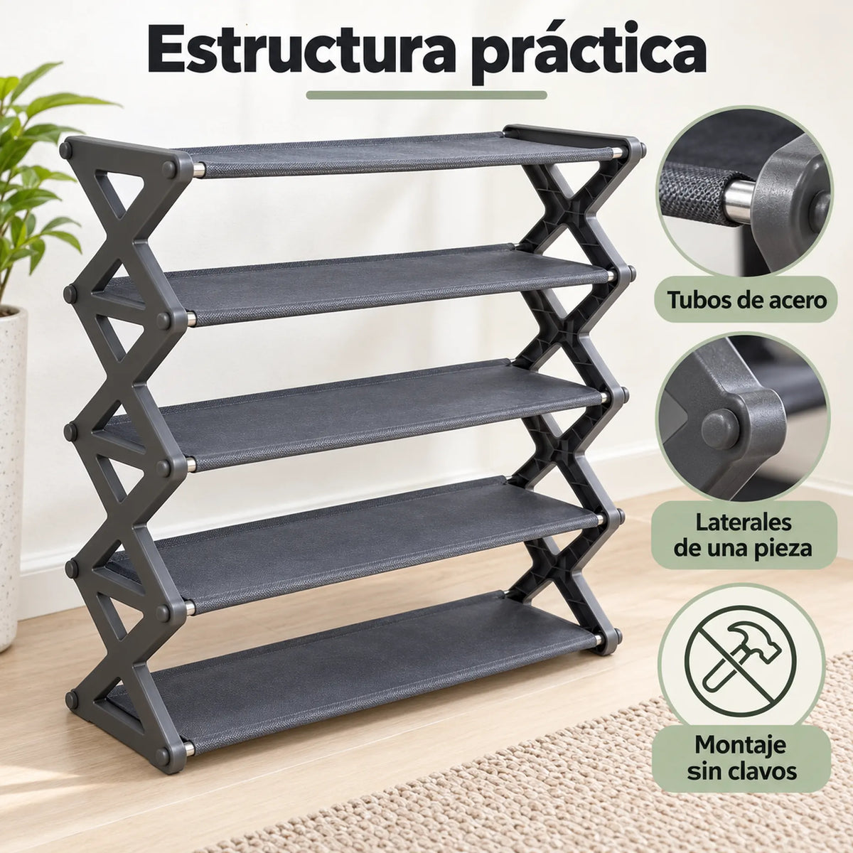 Zapatera de 5 niveles color gris – estructura con tubos de acero y laterales de una pieza