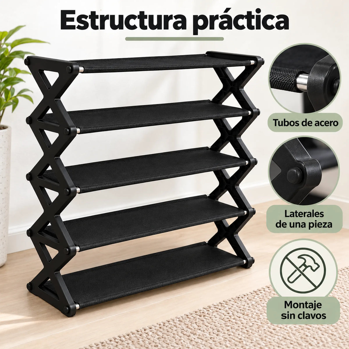 Zapatera de 5 niveles color negro – estructura con tubos de acero y laterales de una pieza