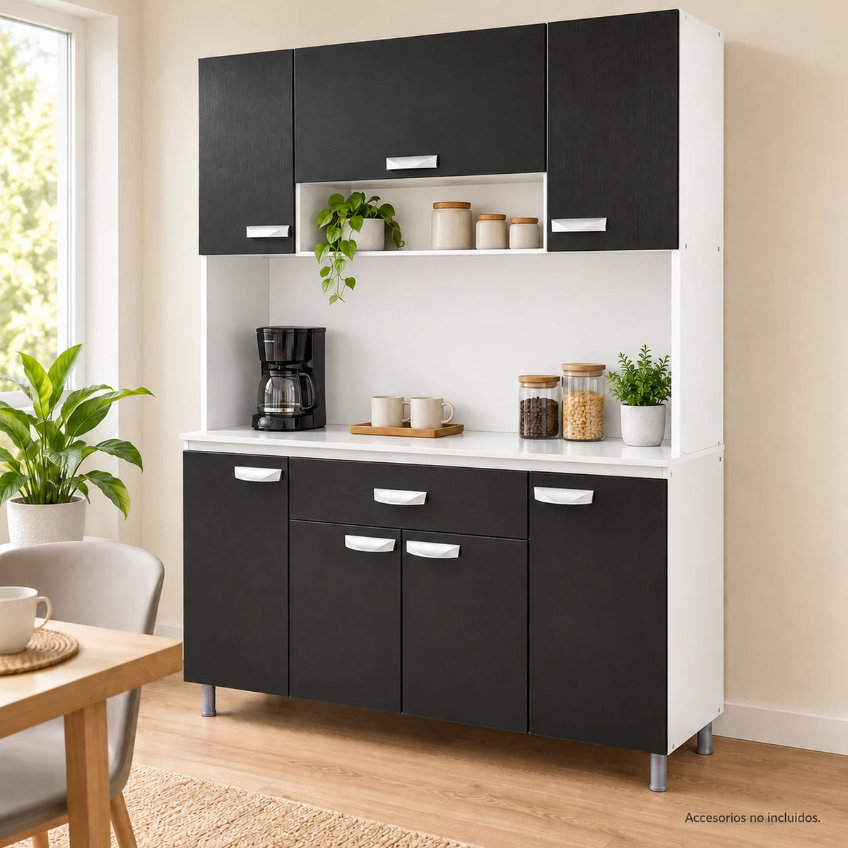 Alacena de cocina 7 puertas y 1 gaveta color Negro/Blanco – en una cocina ambientada