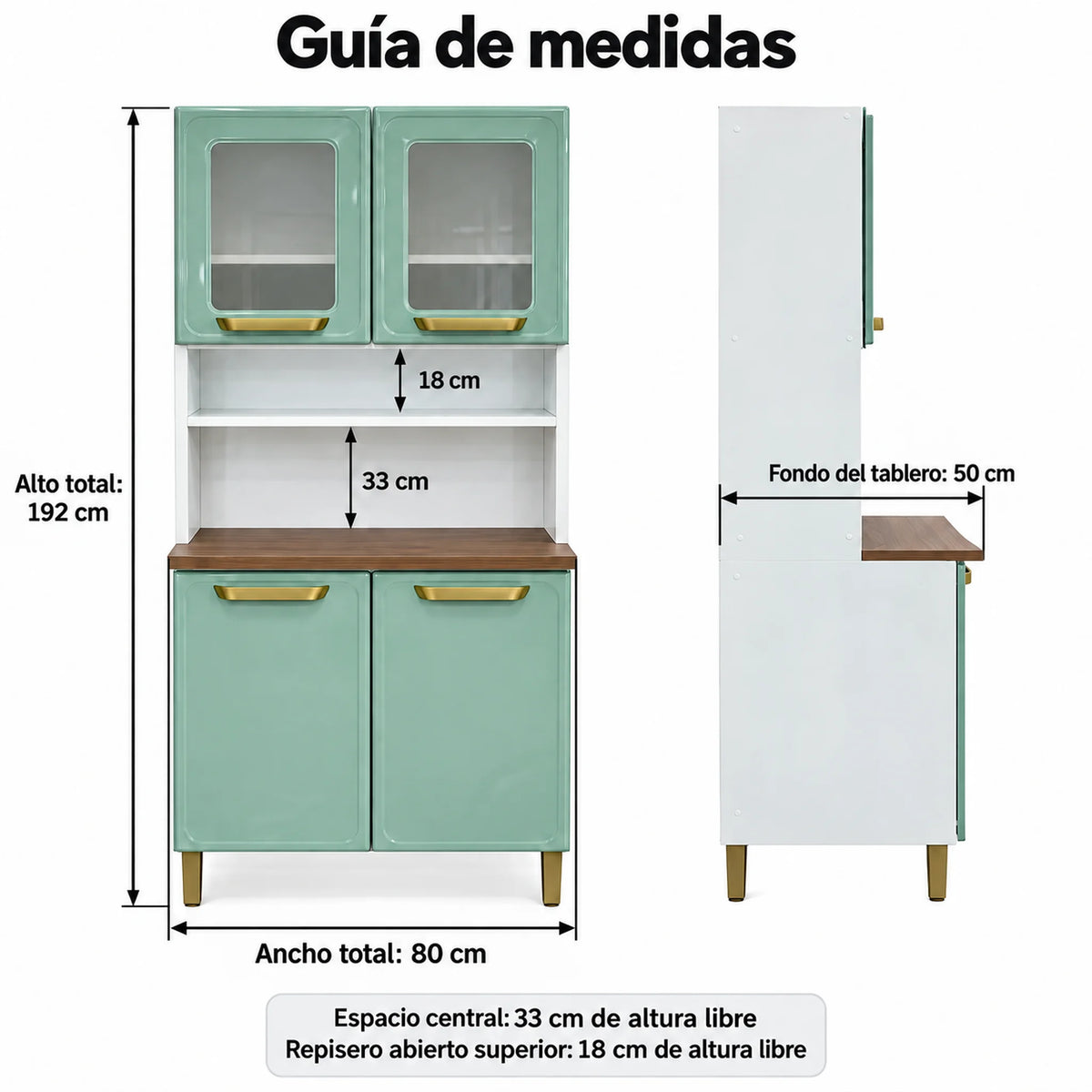 Alacena de Cocina Bertolini 2x1, guía de medidas: 192 cm de alto, 80 cm de ancho, 50 cm de fondo