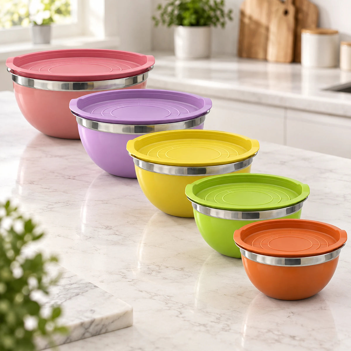 Set completo de bowls Lotus con tapa sobre la barra de una cocina